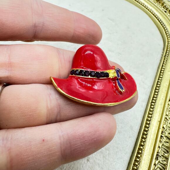 Vintage Red Hat Brooch with Purple Rhinestones Pin - Picture 2 of 4